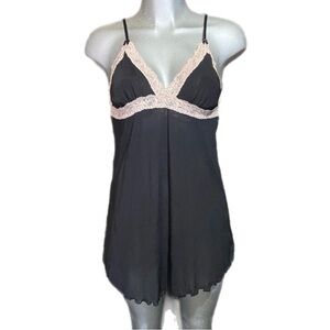 Y2K Babydoll Chemise Slip Dress Top Size XL Burlesque Black Pink Lace Trim Sheer